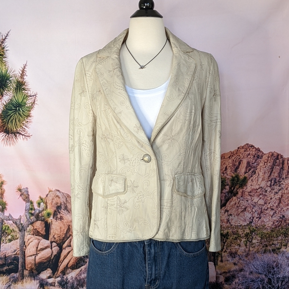 PIERRE CARDIN | Leather Jacket Embroidered Cream LEATHER Designer Jacket